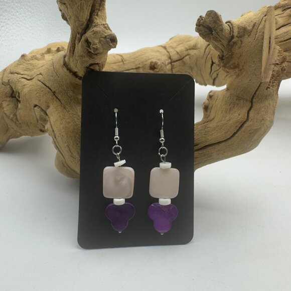 Handcrafted Pink White Purple Beaded Hook Earrings Silver Accents Dangle - Picture 1 of 3